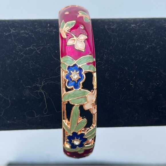 Cloisonne Enamel Floral Hinged Bangle Bracelet - Picture 1 of 11